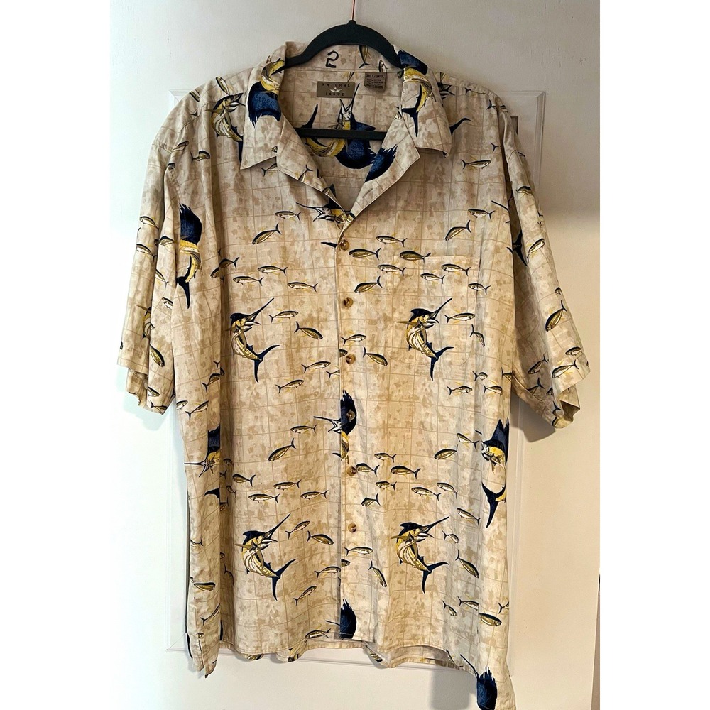 Natural Issue Men's 3XLT Big & Tall Beige Fish Cotton Button Fishing Shirt 62x32